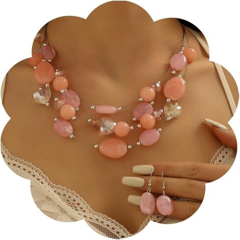 Boho Beaded Necklace Earring Set for Women Irregular Resin Bead Necklace Chunky Geometric Summer Beach Ocean Costume Jewelry Set Accessories in Saudi Arabia