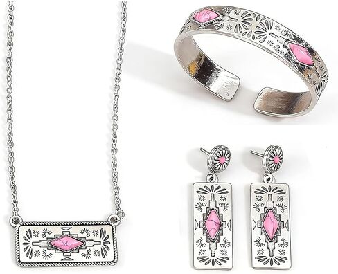 3 Piece Western Boho Pink Stone Jewelry Set for Women Silver Geometric Pendant Necklace Cuff Bracelet and Drop Earrings Bohemian Southwestern Fashion Accessories for Party Festival Everyday Wear Gift for Her in Saudi Arabia
