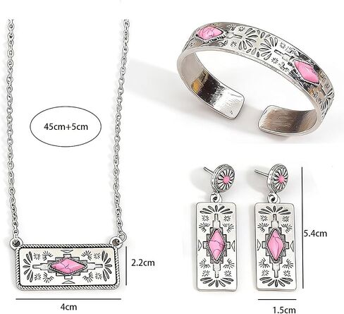 3 Piece Western Boho Pink Stone Jewelry Set for Women Silver Geometric Pendant Necklace Cuff Bracelet and Drop Earrings Bohemian Southwestern Fashion Accessories for Party Festival Everyday Wear Gift for Her in Saudi Arabia