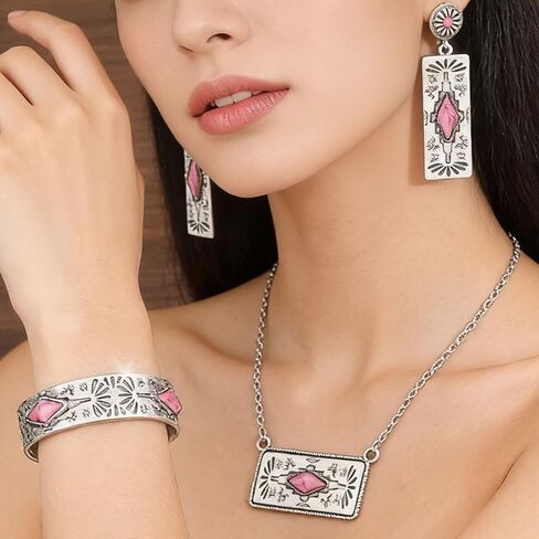 3 Piece Western Boho Pink Stone Jewelry Set for Women Silver Geometric Pendant Necklace Cuff Bracelet and Drop Earrings Bohemian Southwestern Fashion Accessories for Party Festival Everyday Wear Gift for Her in Saudi Arabia
