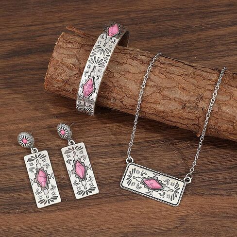 3 Piece Western Boho Pink Stone Jewelry Set for Women Silver Geometric Pendant Necklace Cuff Bracelet and Drop Earrings Bohemian Southwestern Fashion Accessories for Party Festival Everyday Wear Gift for Her in Saudi Arabia