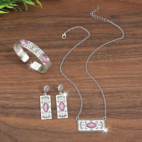 3 Piece Western Boho Pink Stone Jewelry Set for Women Silver Geometric Pendant Necklace Cuff Bracelet and Drop Earrings Bohemian Southwestern Fashion Accessories for Party Festival Everyday Wear Gift for Her in Saudi Arabia