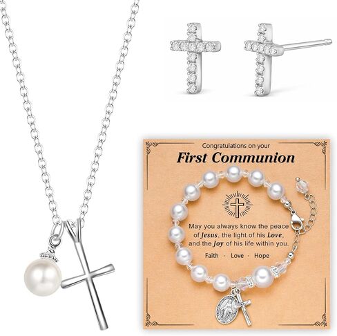 First Communion Baptism Cross Set,Silver Pearl Rosary Bracelet Earrings in Kuwait