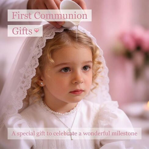 First Communion Baptism Cross Set,Silver Pearl Rosary Bracelet Earrings in Kuwait