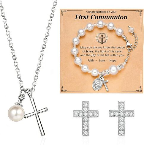 First Communion Baptism Cross Set,Silver Pearl Rosary Bracelet Earrings in Kuwait