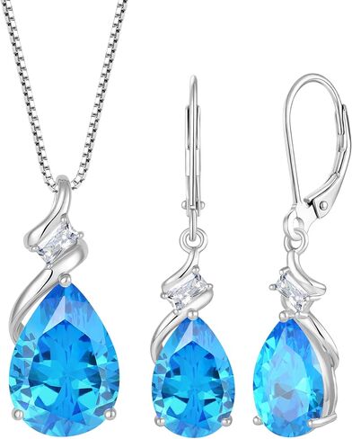 Aquamarine Jewelry Set 925 Sterling Silver March Birthstone Necklace Earrings Teardrop Jewelry for Women in Saudi Arabia
