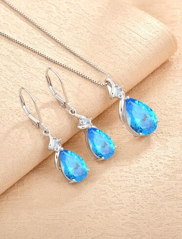 Aquamarine Jewelry Set 925 Sterling Silver March Birthstone Necklace Earrings Teardrop Jewelry for Women in Saudi Arabia