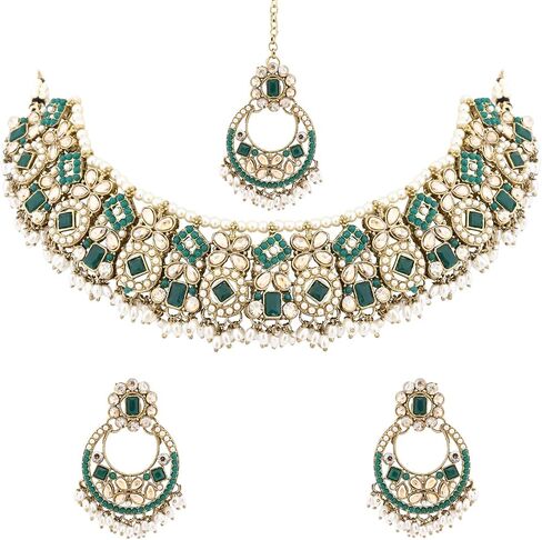 I Jewels Gold Plated Indian Wedding Bollywood Floral Kundan & Pearl Choker Necklace Jewellery Earrings & Maang tikka Set For Women (K7304G) in Kuwait