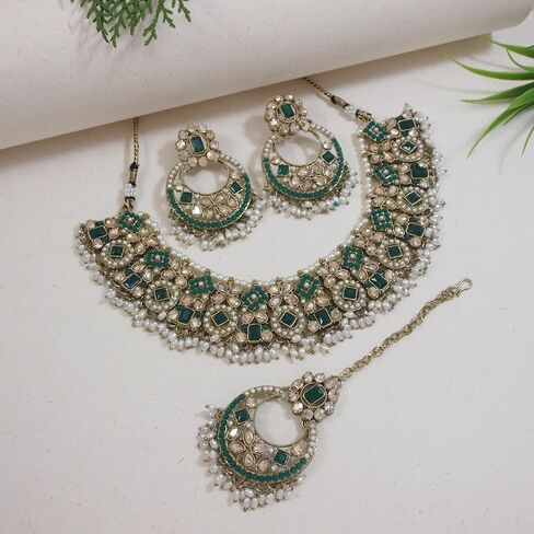 I Jewels Gold Plated Indian Wedding Bollywood Floral Kundan & Pearl Choker Necklace Jewellery Earrings & Maang tikka Set For Women (K7304G) in Kuwait