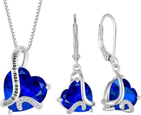Heart September Birthstone Sapphire Jewelry Set - "I Love You Forever" Engraved Blue Pendant Necklace & Drop Earrings Hypoallergenic Jewelry for Women, Valentine's Day Birthday Mother's Day in Kuwait