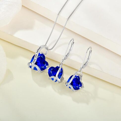 Heart September Birthstone Sapphire Jewelry Set - "I Love You Forever" Engraved Blue Pendant Necklace & Drop Earrings Hypoallergenic Jewelry for Women, Valentine's Day Birthday Mother's Day in Kuwait