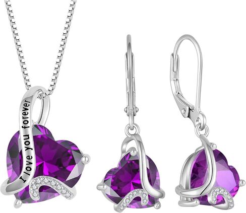 Heart February Birthstone Amethyst Jewelry Set - "I Love You Forever" Engraved Purple Pendant Necklace & Drop Earrings Hypoallergenic Jewelry for Women Valentine's Day Birthday Mother's Day in Saudi Arabia
