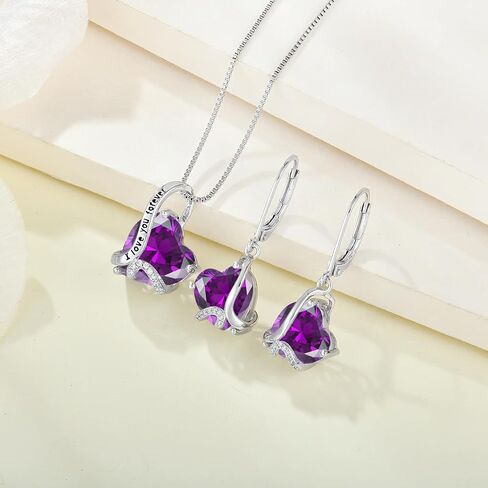 Heart February Birthstone Amethyst Jewelry Set - "I Love You Forever" Engraved Purple Pendant Necklace & Drop Earrings Hypoallergenic Jewelry for Women Valentine's Day Birthday Mother's Day in Saudi Arabia