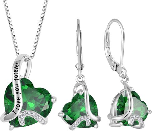 Heart May Birthstone Emerald Jewelry Set - "I Love You Forever" Engraved Green Pendant Necklace & Drop Earrings Hypoallergenic Jewelry for Women Valentine's Day Birthday Mother's Day Anniversary in Saudi Arabia