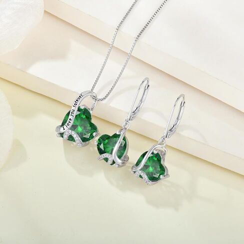 Heart May Birthstone Emerald Jewelry Set - "I Love You Forever" Engraved Green Pendant Necklace & Drop Earrings Hypoallergenic Jewelry for Women Valentine's Day Birthday Mother's Day Anniversary in Saudi Arabia