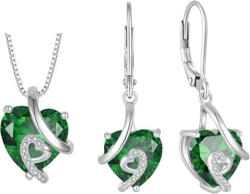 Women 925 Sterling Silver Heart Pendant Necklace Earrings Green May Birthstone Emerald Color Jewelry Set in Saudi Arabia