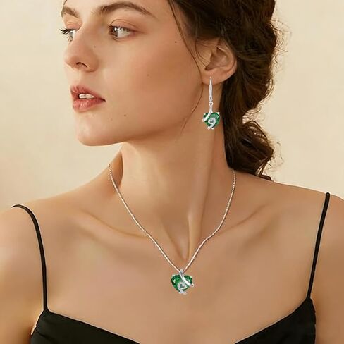 Women 925 Sterling Silver Heart Pendant Necklace Earrings Green May Birthstone Emerald Color Jewelry Set in Saudi Arabia