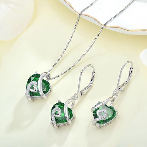 Women 925 Sterling Silver Heart Pendant Necklace Earrings Green May Birthstone Emerald Color Jewelry Set in Saudi Arabia
