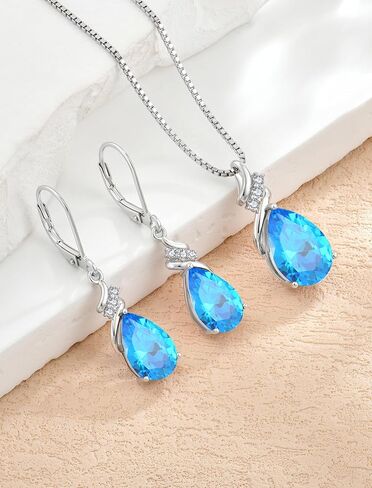 Teardrop Jewelry Set 925 Sterling Silver Pear Cut March Birthstone Aquamarine Necklace Earrings Jewelry Gifts for Women in Saudi Arabia
