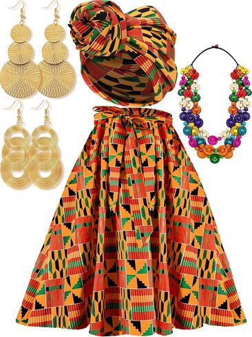 5 Pcs African Skirt Head Wrap Set Juneteenth African Attire Kente Print Dress Womens Black History Outfits in Saudi Arabia