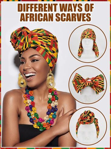 5 Pcs African Skirt Head Wrap Set Juneteenth African Attire Kente Print Dress Womens Black History Outfits in Saudi Arabia