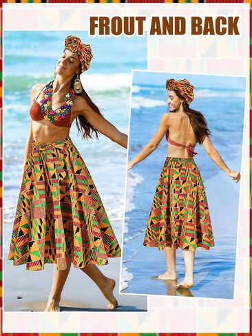 5 Pcs African Skirt Head Wrap Set Juneteenth African Attire Kente Print Dress Womens Black History Outfits in Saudi Arabia