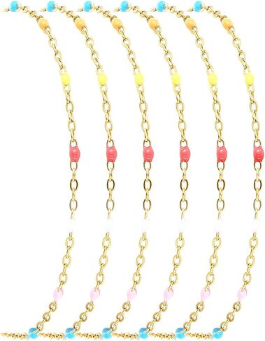 6 PCS Enamel Beaded Chains Bracelet Stainless Steel Link Bracelets | 6.7"+1.18", With Extender Chain, Fashion Jewelry Set, Gift For Women, Colorful, No Fade in Saudi Arabia