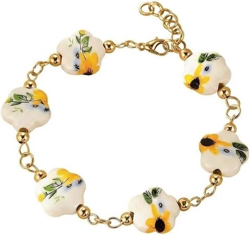 Vintage Elegant Floral Ceramic Bracelet for Women Blue White Porcelain Flower Beaded Yellow Sunflower Beads Gold Tone Link Chain Dainty Jewelry Gift in Saudi Arabia