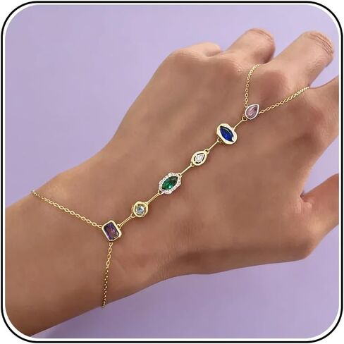Lunarev Colorful Rhinestone Bracelets Finger Ring Hand Chain Gold Bracelet for Women Non Tarnish in Saudi Arabia