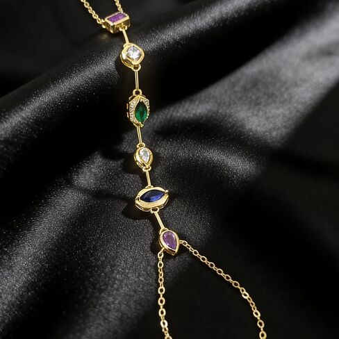 Lunarev Colorful Rhinestone Bracelets Finger Ring Hand Chain Gold Bracelet for Women Non Tarnish in Saudi Arabia