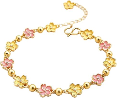 RITIM Pink Cherry Blossom Bracelet for Women, 18K Gold Plated Sakura Flower Adjustable Chain, Dainty Spring Floral Jewelry, Sweet Cute Charm Gifts in Saudi Arabia