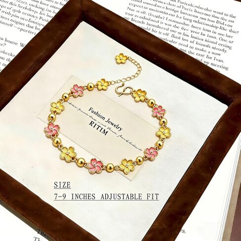 RITIM Pink Cherry Blossom Bracelet for Women, 18K Gold Plated Sakura Flower Adjustable Chain, Dainty Spring Floral Jewelry, Sweet Cute Charm Gifts in Saudi Arabia