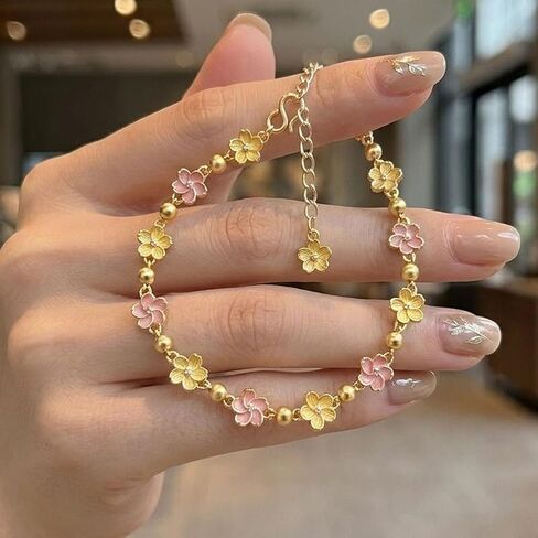 RITIM Pink Cherry Blossom Bracelet for Women, 18K Gold Plated Sakura Flower Adjustable Chain, Dainty Spring Floral Jewelry, Sweet Cute Charm Gifts in Saudi Arabia