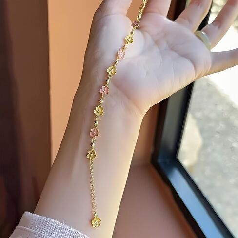 RITIM Pink Cherry Blossom Bracelet for Women, 18K Gold Plated Sakura Flower Adjustable Chain, Dainty Spring Floral Jewelry, Sweet Cute Charm Gifts in Saudi Arabia