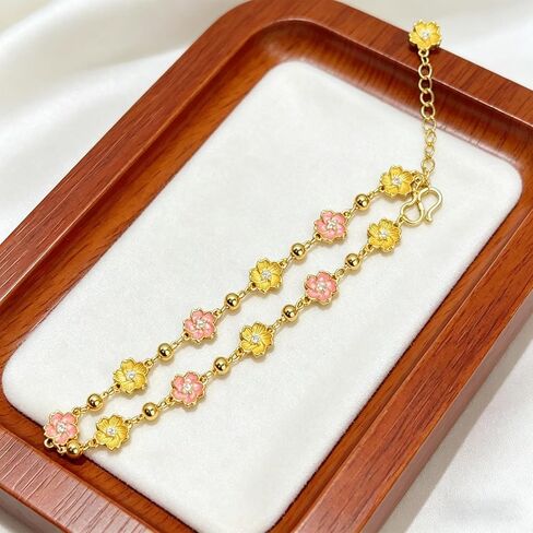 RITIM Pink Cherry Blossom Bracelet for Women, 18K Gold Plated Sakura Flower Adjustable Chain, Dainty Spring Floral Jewelry, Sweet Cute Charm Gifts in Saudi Arabia