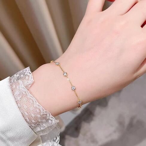 Cubic Zirconia Station Bracelet for Women, 14K Gold Plated or 925 Sterling Silver, Dainty Adjustable Chain, Stackable Minimalist Jewelry in Kuwait