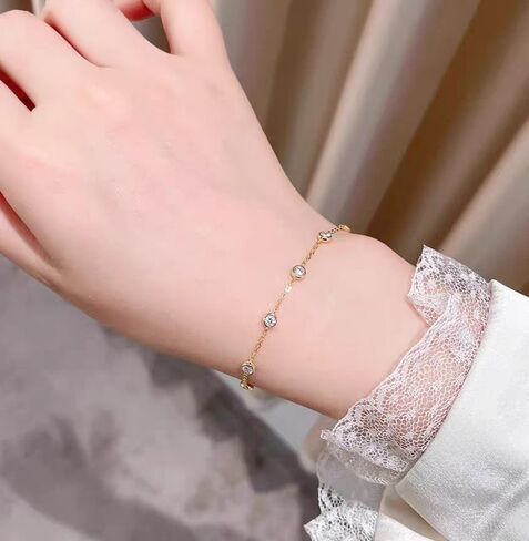 Cubic Zirconia Station Bracelet for Women, 14K Gold Plated or 925 Sterling Silver, Dainty Adjustable Chain, Stackable Minimalist Jewelry in Kuwait