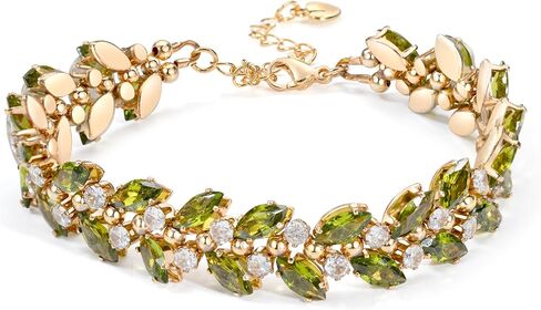 Bracelets Jewelry for Women, 14K Gold Plated Green Crystal Leaf Link Bracelet, Handmade Adjustable Chain, Non Tarnish Trendy Dainty Evening Dress Gift,6.3 in+2 in Extender,with Gift Box in Saudi Arabia