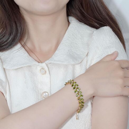 Bracelets Jewelry for Women, 14K Gold Plated Green Crystal Leaf Link Bracelet, Handmade Adjustable Chain, Non Tarnish Trendy Dainty Evening Dress Gift,6.3 in+2 in Extender,with Gift Box in Saudi Arabia
