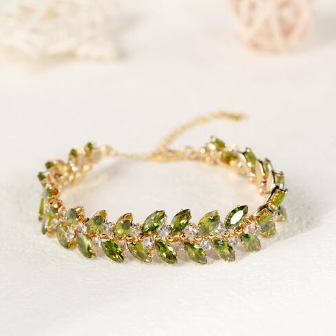 Bracelets Jewelry for Women, 14K Gold Plated Green Crystal Leaf Link Bracelet, Handmade Adjustable Chain, Non Tarnish Trendy Dainty Evening Dress Gift,6.3 in+2 in Extender,with Gift Box in Saudi Arabia