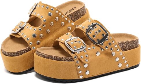 Women's Platform Sandals Footwear-Comfortable Slides Cork Footbed Sandals with Adjustable Straps Non-slip Wide Widths Studded Chunky Summer Sandals for Women in Kuwait