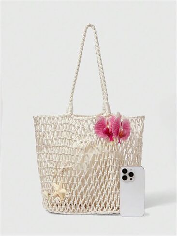 MakeMeChic Women's 3D Floral Starfish Seashell Tote Handbags Hollow Out Double Handles Summer Beach Bags in Kuwait