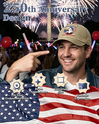 250 Year American Anniversary Hat - Khaki 250 Anniversary USA Hat with USA Flag Eagle for Men Women 1776-2026 Adjustable Patriotic Baseball Cap for Veterans Family Friends in Saudi Arabia