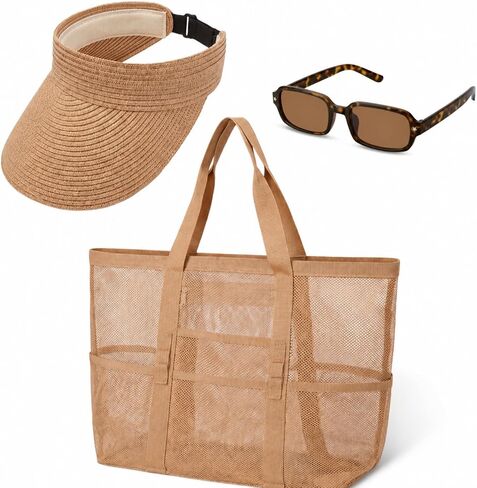Sadnyy 3 Pcs Beach Hat and Mesh Tote Bag Set Women UV Protection for Summer Outdoor Travel Sunglass, Wide Brim Straw Sun Hat(Sun Visor Hat) in Kuwait