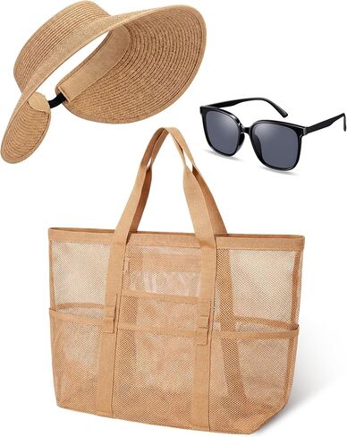 Sadnyy 3 Pcs Beach Hat and Mesh Tote Bag Set Women UV Protection for Summer Outdoor Travel Sunglass, Wide Brim Straw Sun Hat(Sun Visor Hat) in Kuwait