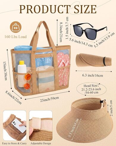 Sadnyy 3 Pcs Beach Hat and Mesh Tote Bag Set Women UV Protection for Summer Outdoor Travel Sunglass, Wide Brim Straw Sun Hat(Sun Visor Hat) in Kuwait