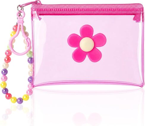Flower Cute Coin Purse Mini Zipper Pouch, Waterproof PVC Clear Cosmetic Organizer Bag, Portable Beaded Keychain Pouch Wallet Credit Card Holder for Women Travel Use - 1pc, Pink in Saudi Arabia