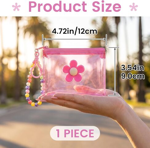 Flower Cute Coin Purse Mini Zipper Pouch, Waterproof PVC Clear Cosmetic Organizer Bag, Portable Beaded Keychain Pouch Wallet Credit Card Holder for Women Travel Use - 1pc, Pink in Saudi Arabia