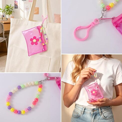 Flower Cute Coin Purse Mini Zipper Pouch, Waterproof PVC Clear Cosmetic Organizer Bag, Portable Beaded Keychain Pouch Wallet Credit Card Holder for Women Travel Use - 1pc, Pink in Saudi Arabia