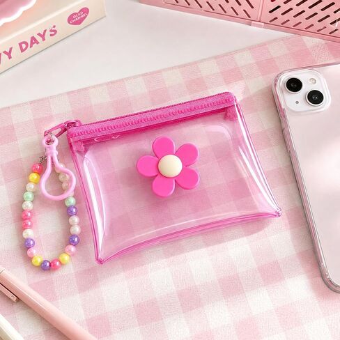 Flower Cute Coin Purse Mini Zipper Pouch, Waterproof PVC Clear Cosmetic Organizer Bag, Portable Beaded Keychain Pouch Wallet Credit Card Holder for Women Travel Use - 1pc, Pink in Saudi Arabia